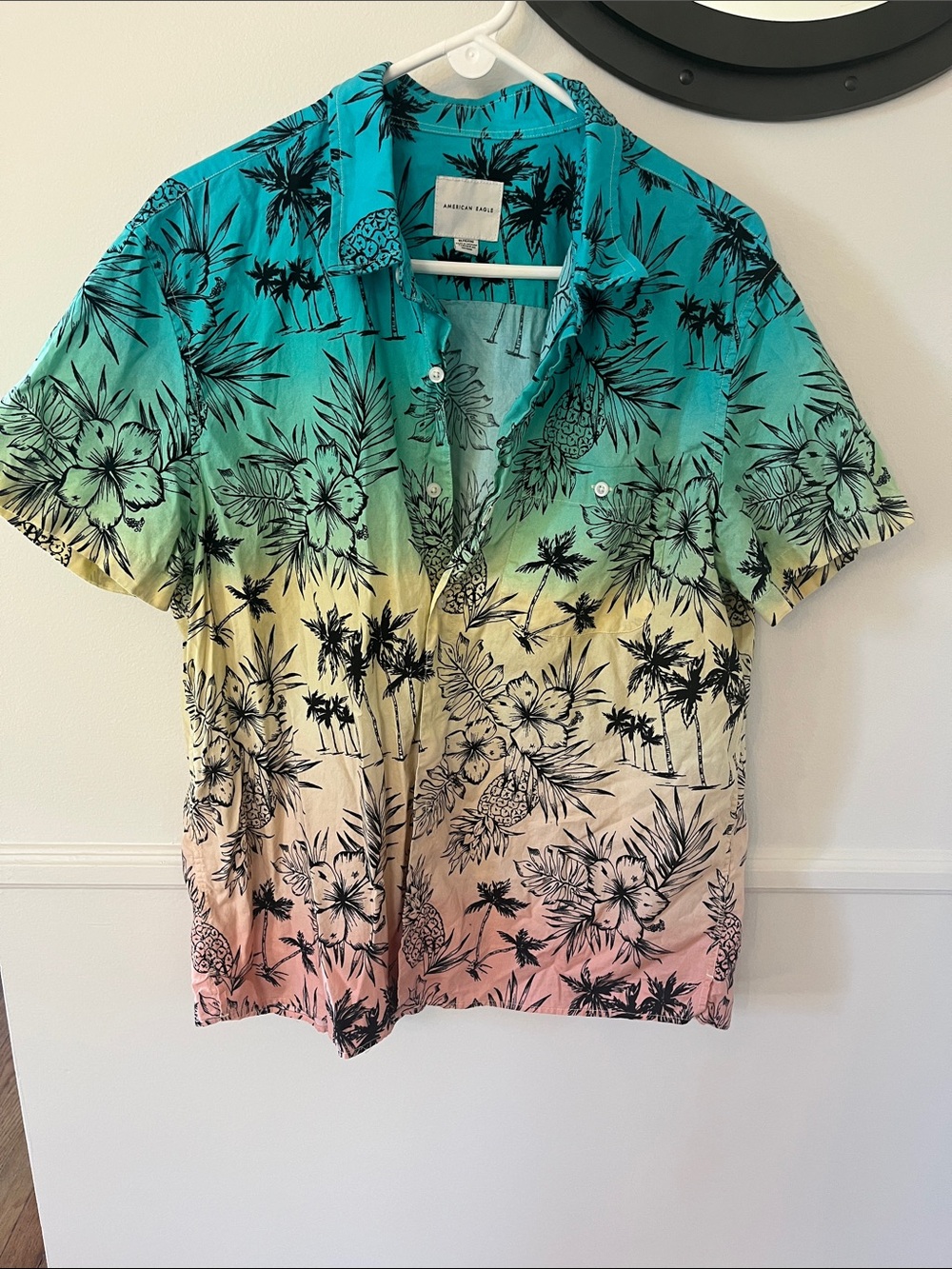 American Eagle Outfitters Gradient Tropical Camp Shirt - Teal/Yellow/Pink